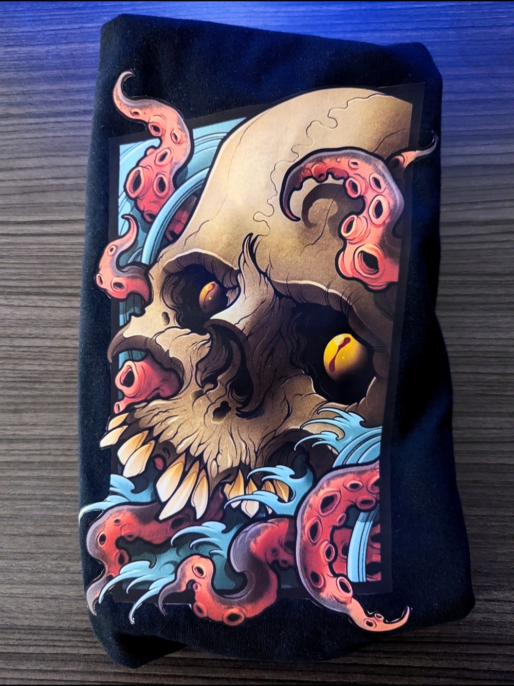 Graphic Skull & Octopus Tee - Black with Tan, Pink & Blue Artwork